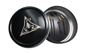Black round tool kit with scorpion logo.