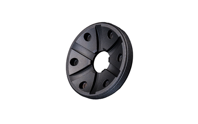 Black industrial pulley with six holes