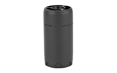 Black cylindrical suppressor with branding, isolated view.