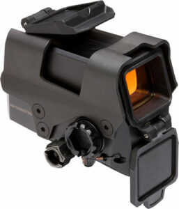 Tactical military rifle optic scope with lens cover.