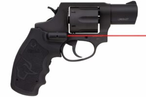 Black revolver with laser sight.