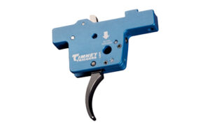 Blue firearm trigger mechanism by Timney Triggers