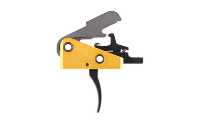 Close-up of a gold firearm trigger assembly.