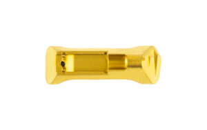 Gold anodized metal component with detailed grooves.