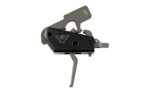 Black metal firearm trigger with logo engraving.