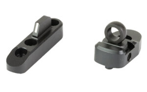 Black metal rifle sight components, isolated on white.