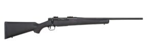 Black hunting rifle with a long barrel.