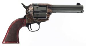 Single-action revolver with wood grip and blued barrel.