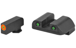 Handgun tritium night sights, orange and green dots.