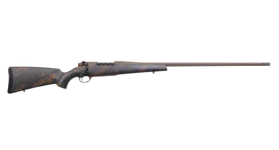 Bolt-action hunting rifle with camouflage finish.