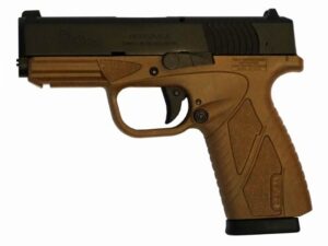 Semi-automatic pistol with black slide and tan grip.