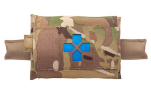 Camouflage medical pouch with blue cross symbol.