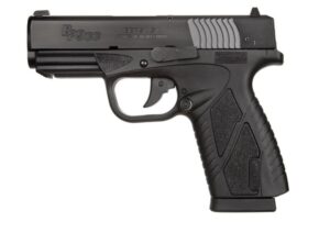 Black semi-automatic handgun on white background