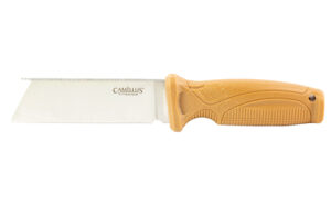 Camillus knife with serrated blade and orange handle.