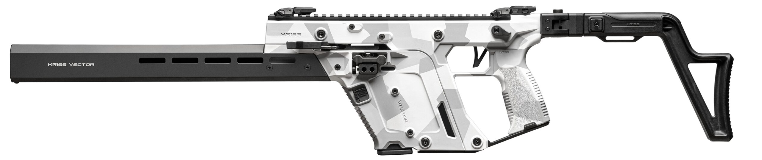 White and black tactical firearm with angular design.