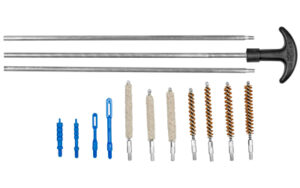 Firearm cleaning rod kit with brushes and tools.
