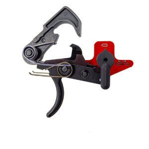 Firearm trigger mechanism with red safety lever.