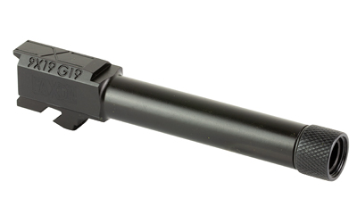 Black firearm barrel with threaded end