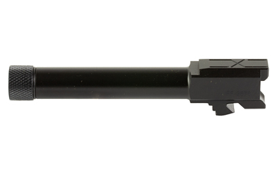 Rifle barrel with threaded end, black metal finish.