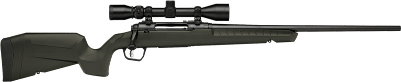 Bolt-action rifle with scope, black and green design.