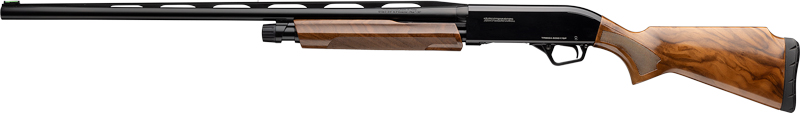 Pump-action shotgun with wooden stock and grip.