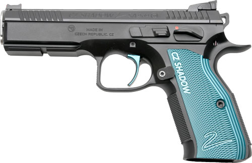 Czech pistol with blue grip, left side view.
