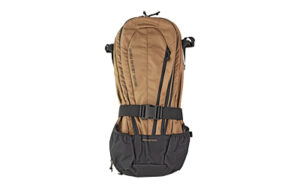 Brown hiking backpack with black straps and pockets.