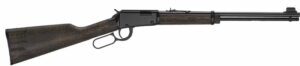 Lever action rifle, wooden stock and black barrel.