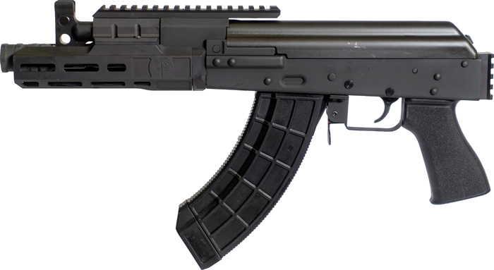 Black semi-automatic rifle with curved magazine