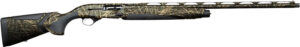 Camouflage hunting shotgun with a synthetic stock.