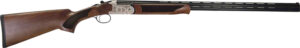 Double-barrel shotgun with wood stock and engraved metal.