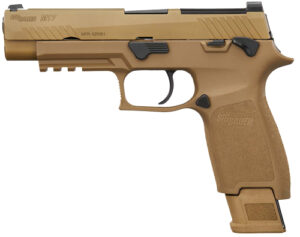 Desert tan semi-automatic pistol side view