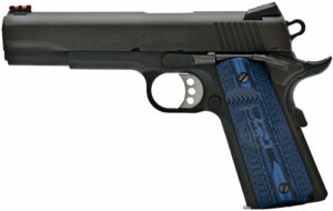Black and blue semi-automatic handgun side view.