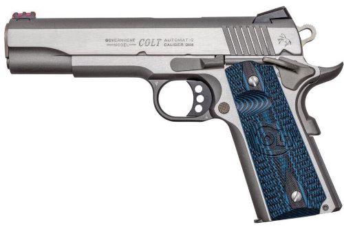 Colt pistol, government model, silver and blue design.