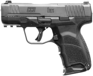 Black handgun, model with textured grip.