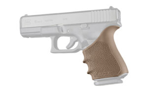 Handgun with brown grip accessory.