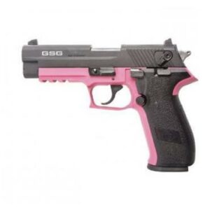 Pink and black handgun on white background.