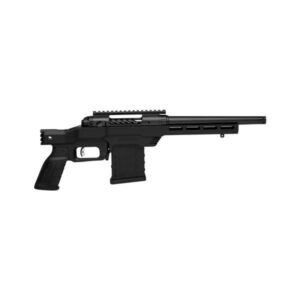 Black tactical rifle with scope and short barrel.