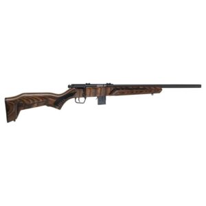 Wooden rifle with a black barrel on display.