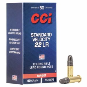 CCI .22 LR ammunition box with two cartridges