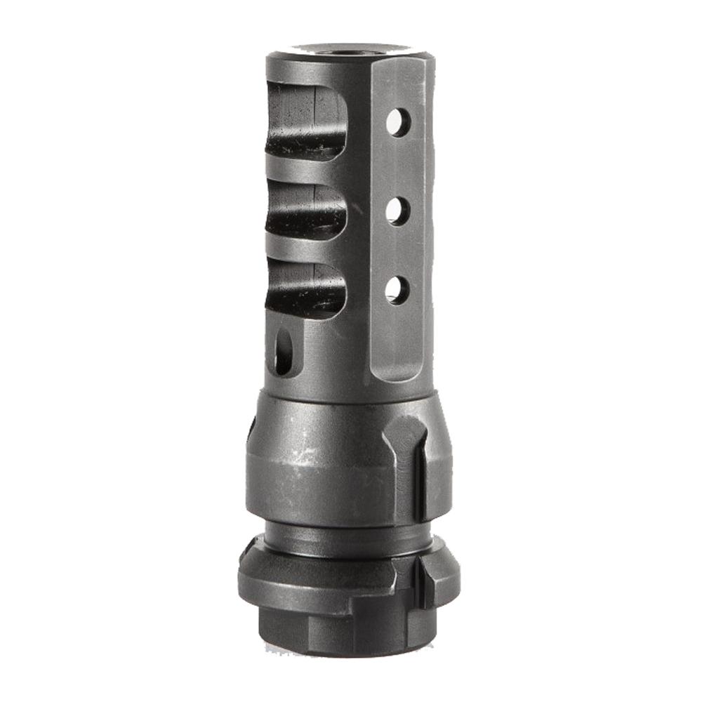 Black rifle muzzle brake with three holes.