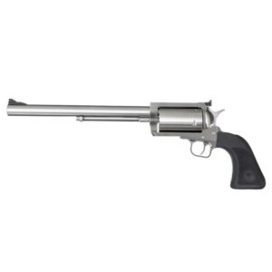 Long-barrel silver revolver with black handle.