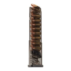 Loaded transparent ammunition magazine with bullets.