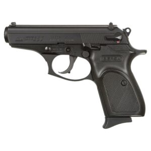 Black semi-automatic handgun, side view.