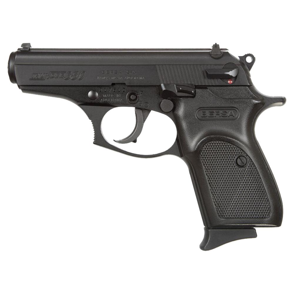 Black semi-automatic handgun, side view.