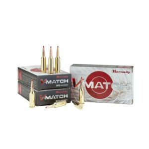 Hornady V-Match ammunition boxes and cartridges display.