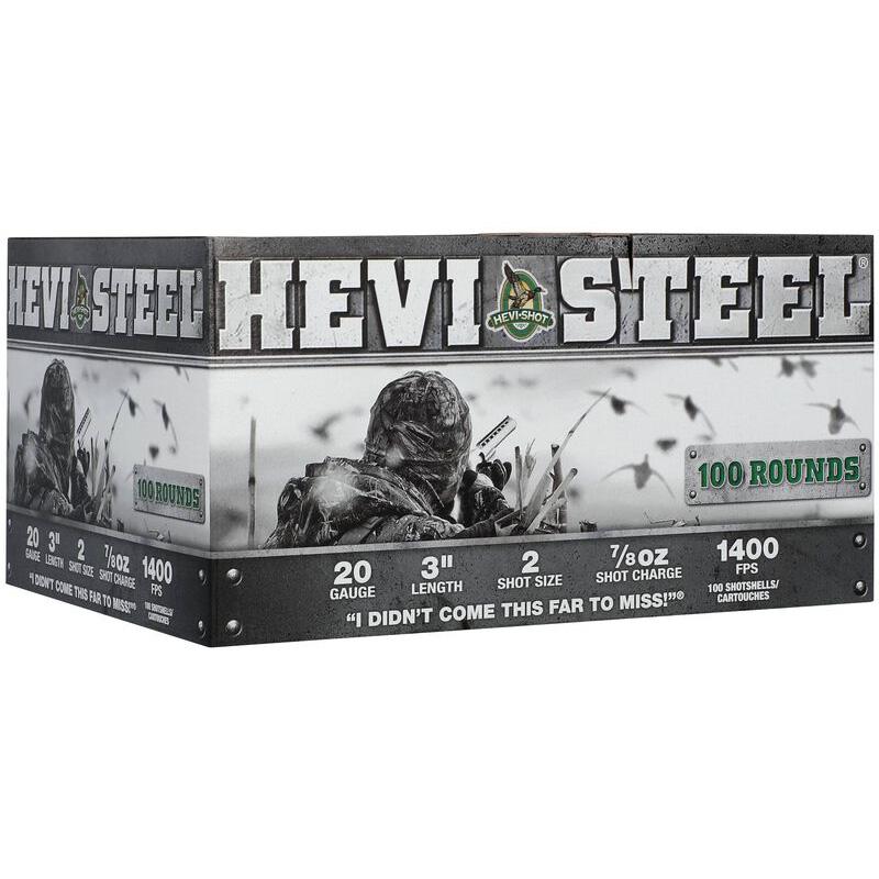 HEVI-Steel ammunition box with hunter and specifications.
