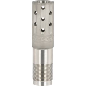 Stainless steel rifle muzzle brake with holes.