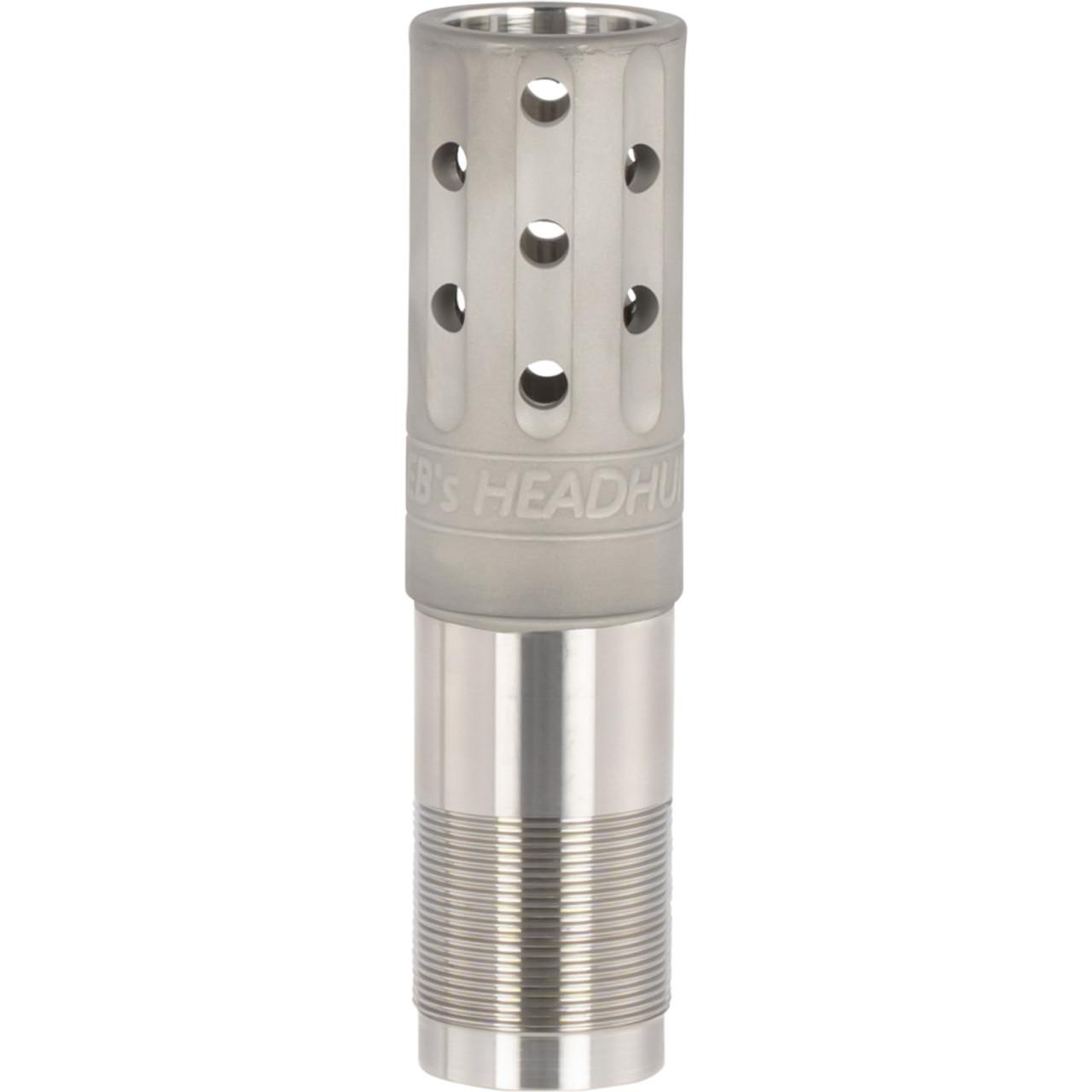 Stainless steel rifle muzzle brake with holes.