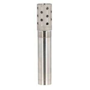 Metal firearm muzzle brake with holes, cylindrical shape.